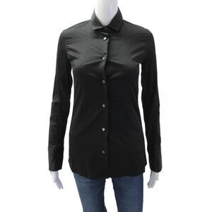 Lareida Women Black Collared Button-Up Blouse Long Sleeve Solid Basic Size 34